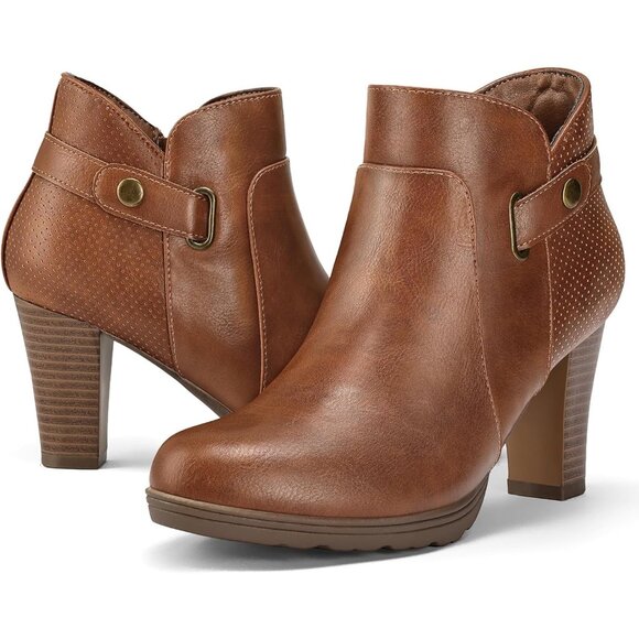 ⚡Women's Brown Buckle Zipper Booties Chunky Stacked Heel Ankle Boots Strap Ankle - Picture 1 of 4